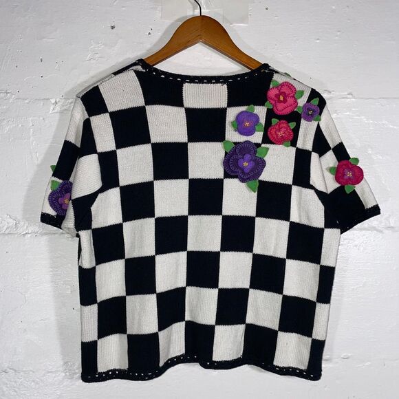 Vintage Christina Rotelli Checkered Floral Applique Sweater Cardigan 100% Cotton - Picture 4 of 12